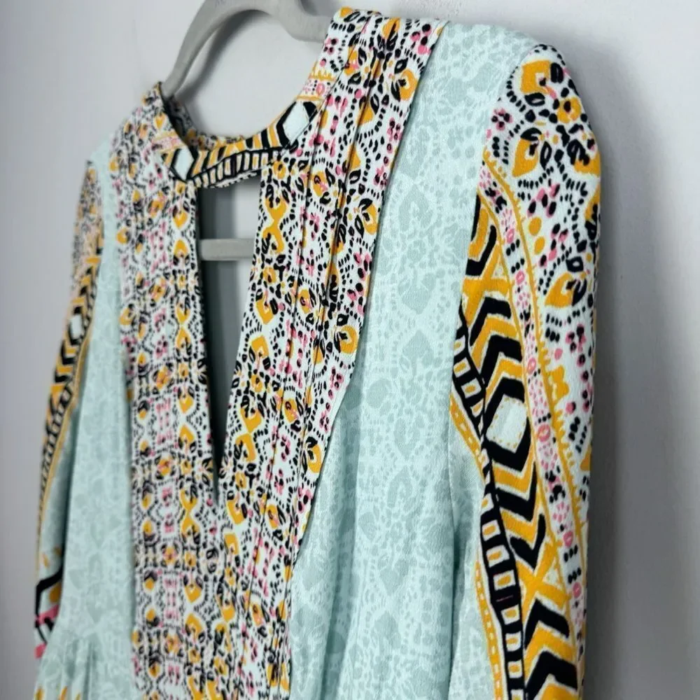 FREE PEOPLE | Teagan Boho Mini Dress Blue Yellow Pink Print Women’s Size 4